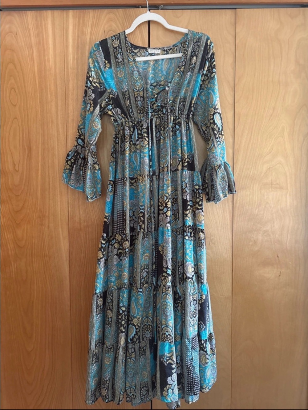 Bohemian Teal Paisley Maxi Dress with Bell Sleeves